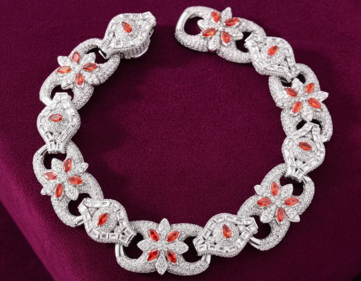 Marquise and Baguette Floral link bracelet/necklace Ruby red Stones